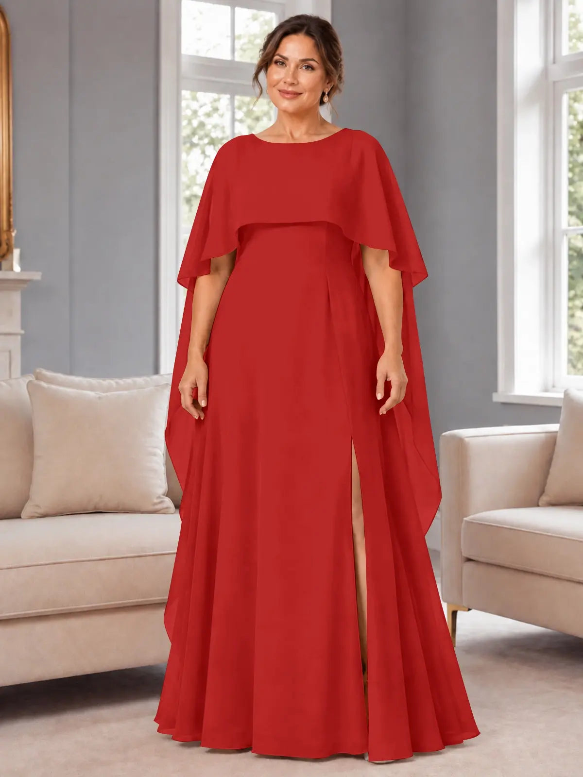 Chiffon Mother of the Bride Dress with Cape Overlay-Plus Size 