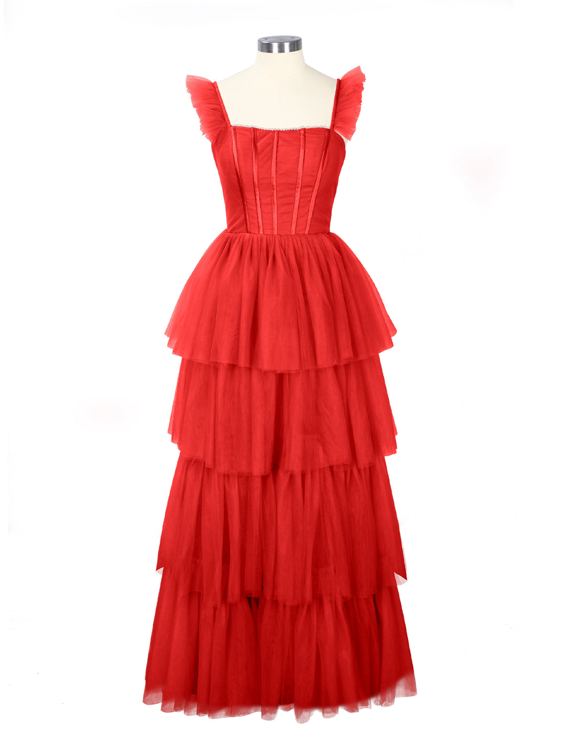 Ruffled Strap Tiered Tulle Bridesmaid Dress 