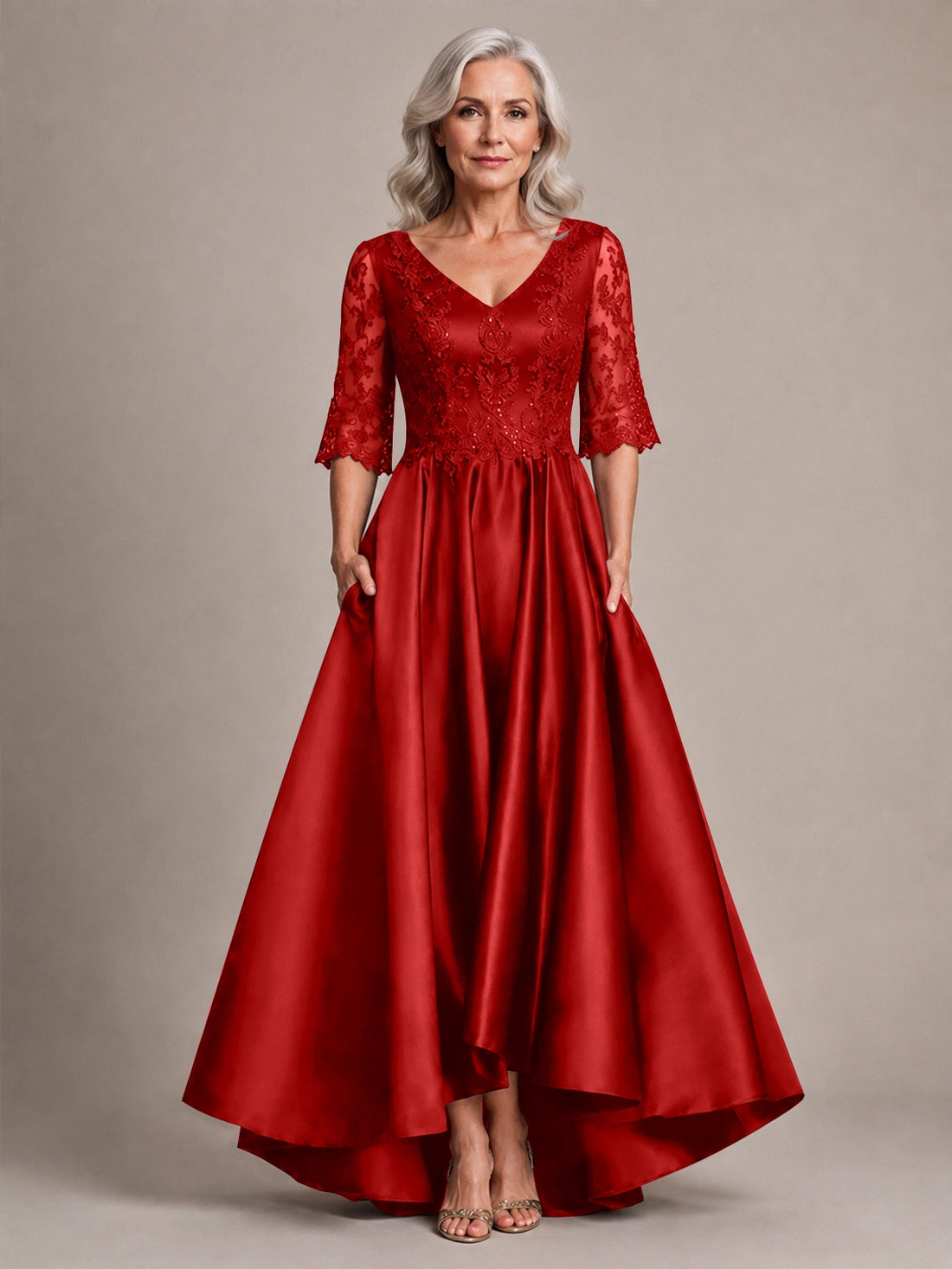 Satin Mother of the Bride Dress with Lace Sleeves 