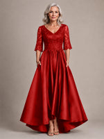 Satin Mother of the Bride Dress with Lace Sleeves 