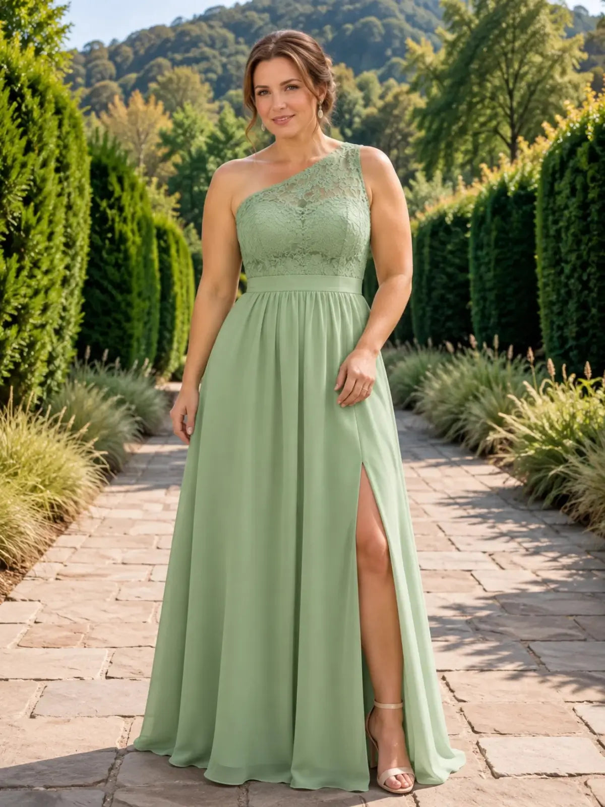 One-shoulder lace mother of the groom dress with slit 