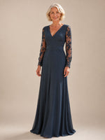Navy Blue Lace Long Sleeves MOB Dress