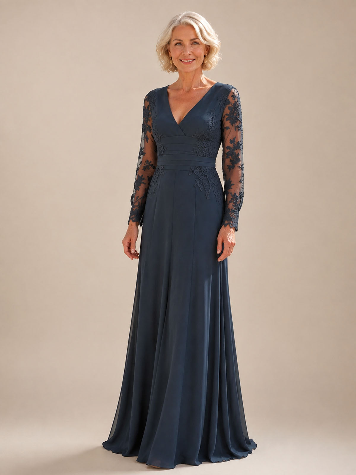 Navy Blue Lace Long Sleeves MOB Dress