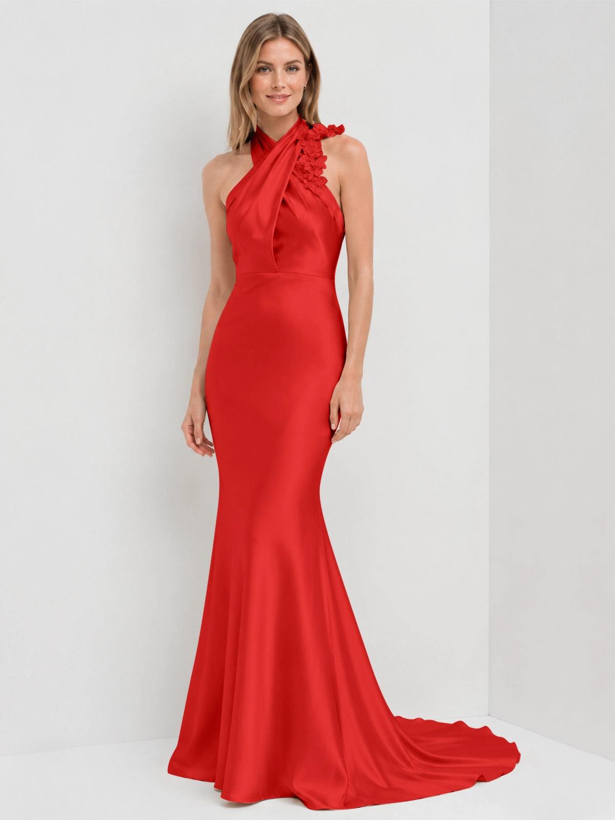 Silk-like Bridesmaid Dress with 3D Floral 