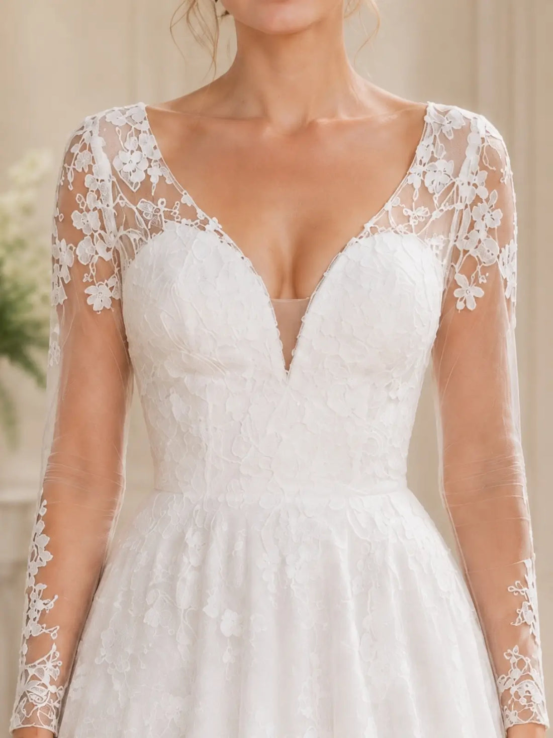 Elegant V-Neck Wedding Dress with Long Sleeves