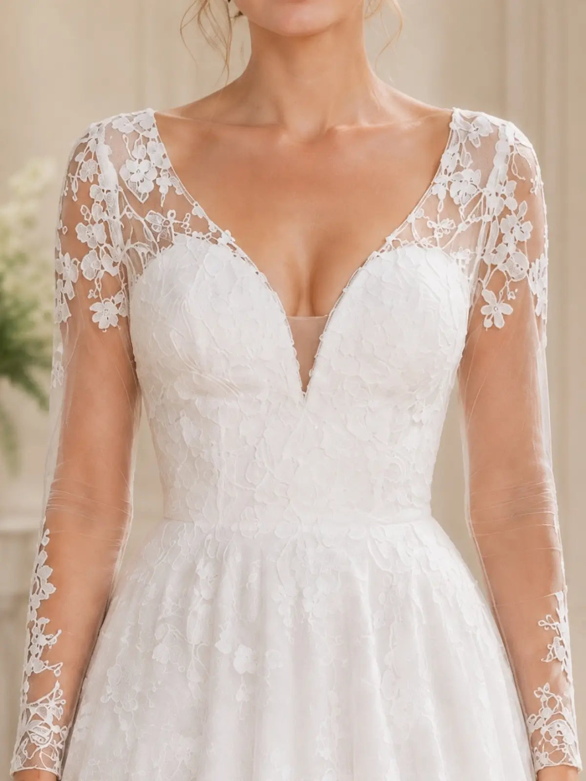 Elegant V-Neck Wedding Dress with Long Sleeves