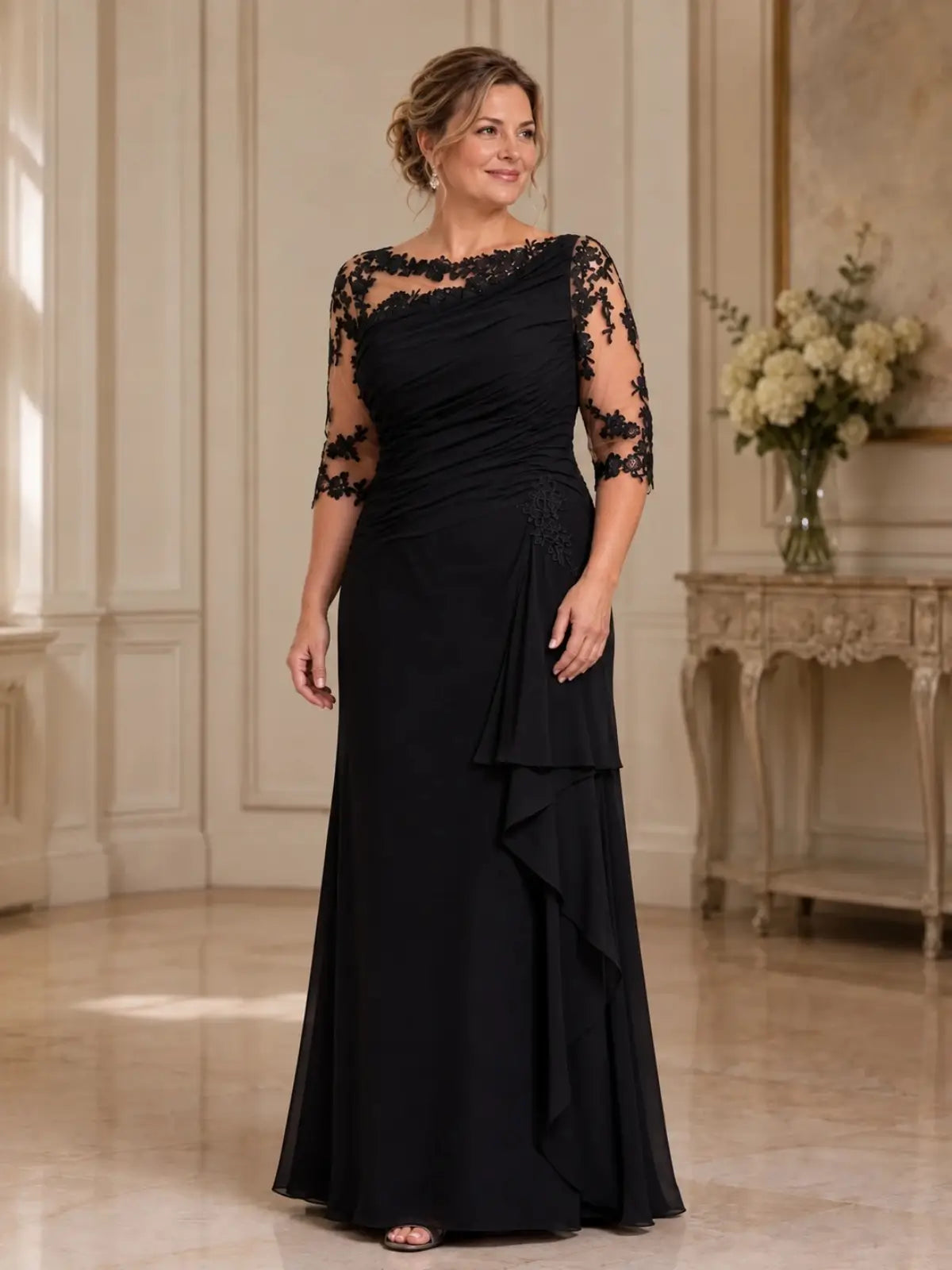 Bateau Neck Mother of the Bride Dress with Ruffle Details