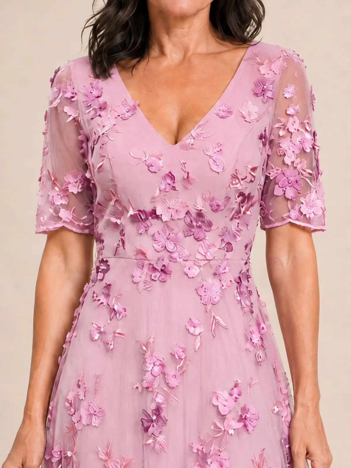 V-neck Mother of the Bride Dress with 3D Floral Appliques