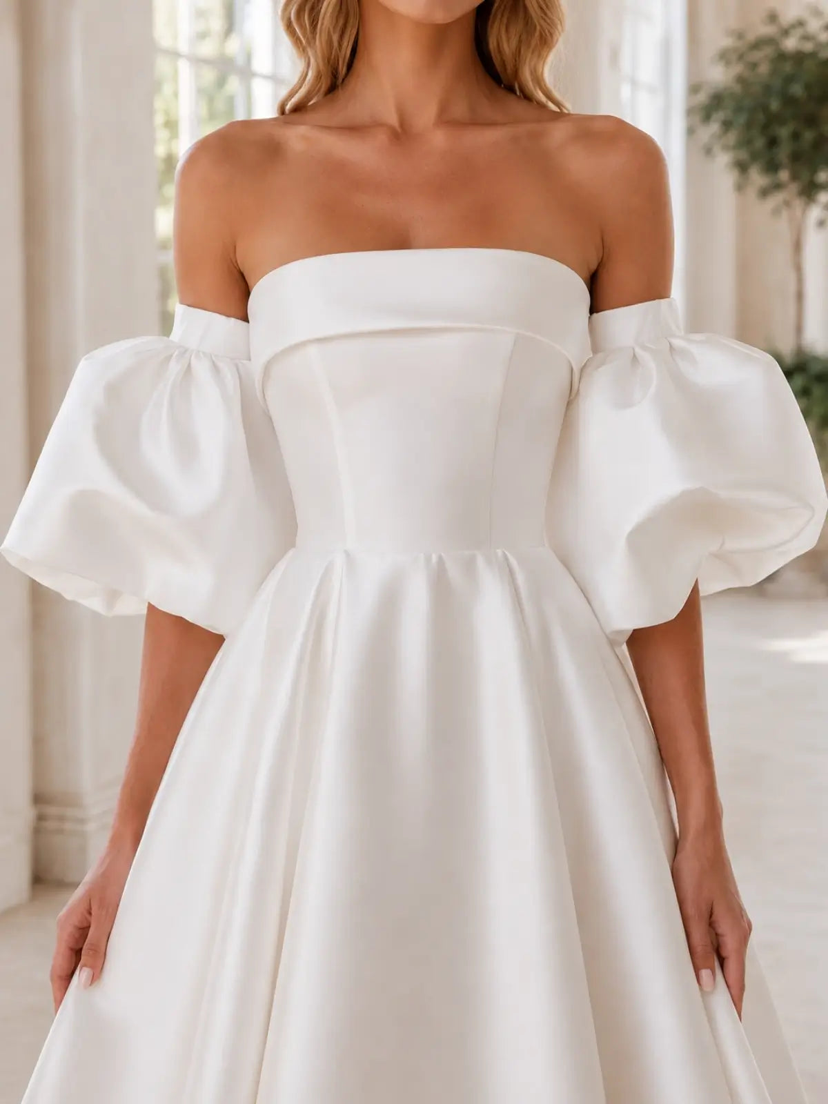 Tube Wedding Dress with Detachable Puff Sleeves