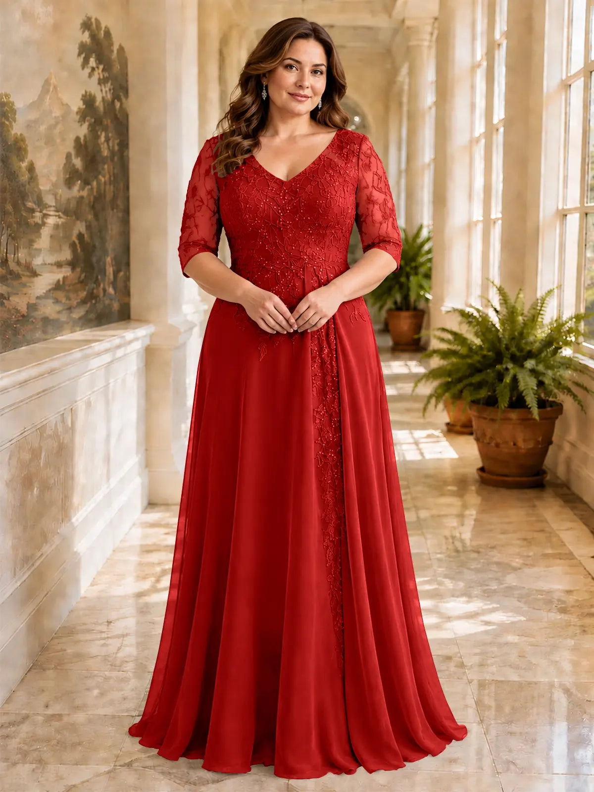 Applique V-Neck Chiffon Dress-Plus Size 