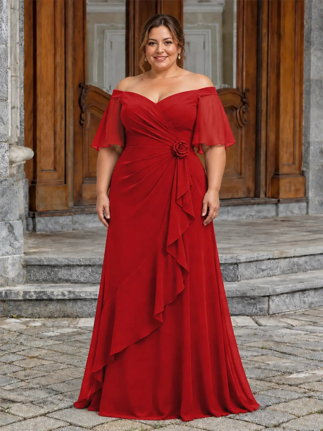 Chiffon Mother of the Bride Dress with 3D Rosette-Plus Size 