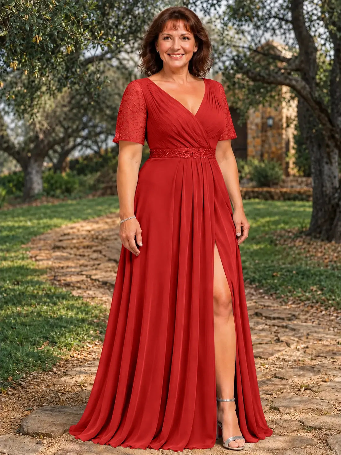 Surplice Neckline Mother of the Bride Dress with Slit-Plus Size 