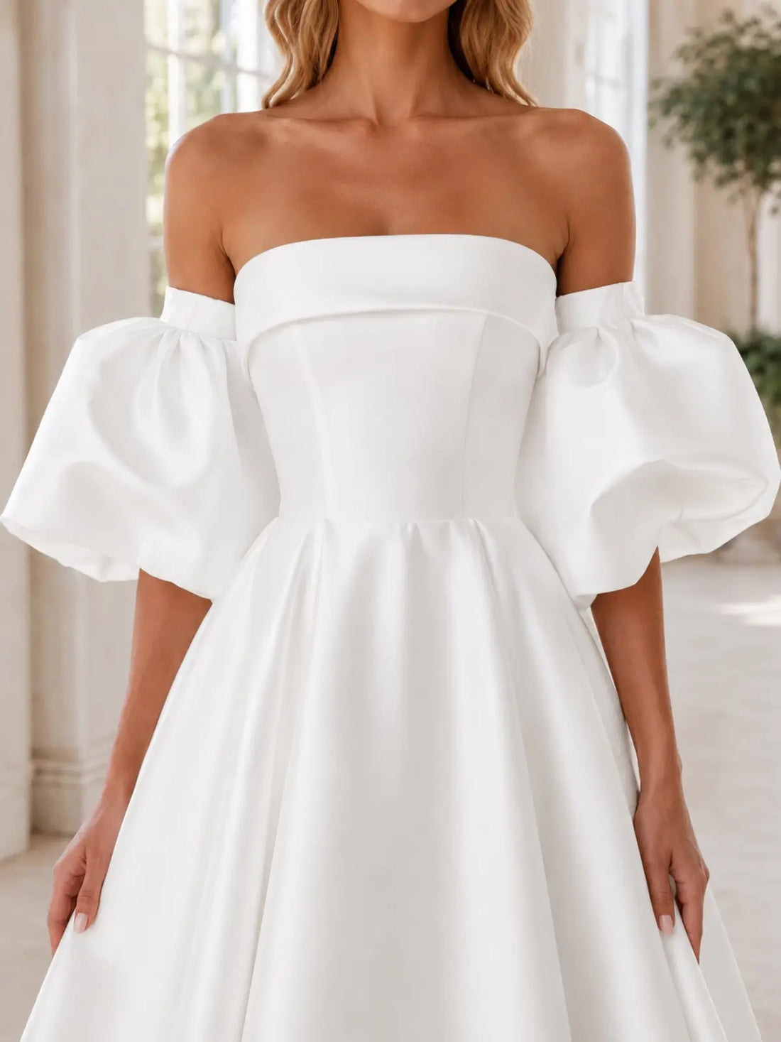 Tube Wedding Dress with Detachable Puff Sleeves