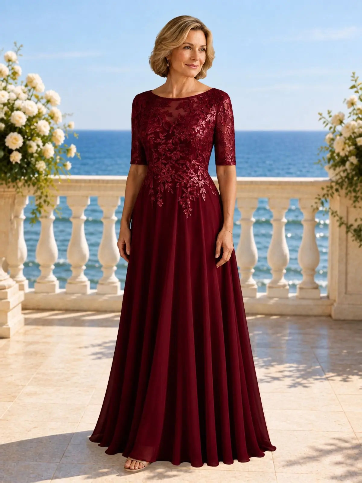 Applique Half Sleeves Chiffon Dress 