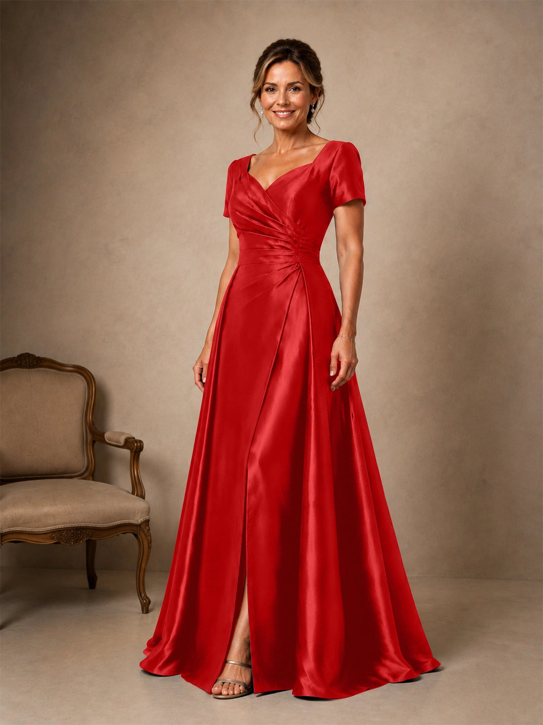 Silk-like Prom Dress with Short Sleeves 
