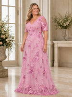 V-neck Mother of the Bride Dress with 3D Floral Appliques