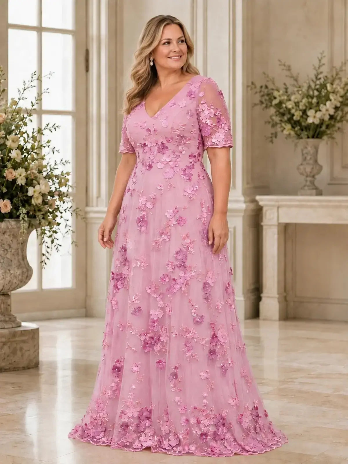 V-neck Mother of the Bride Dress with 3D Floral Appliques