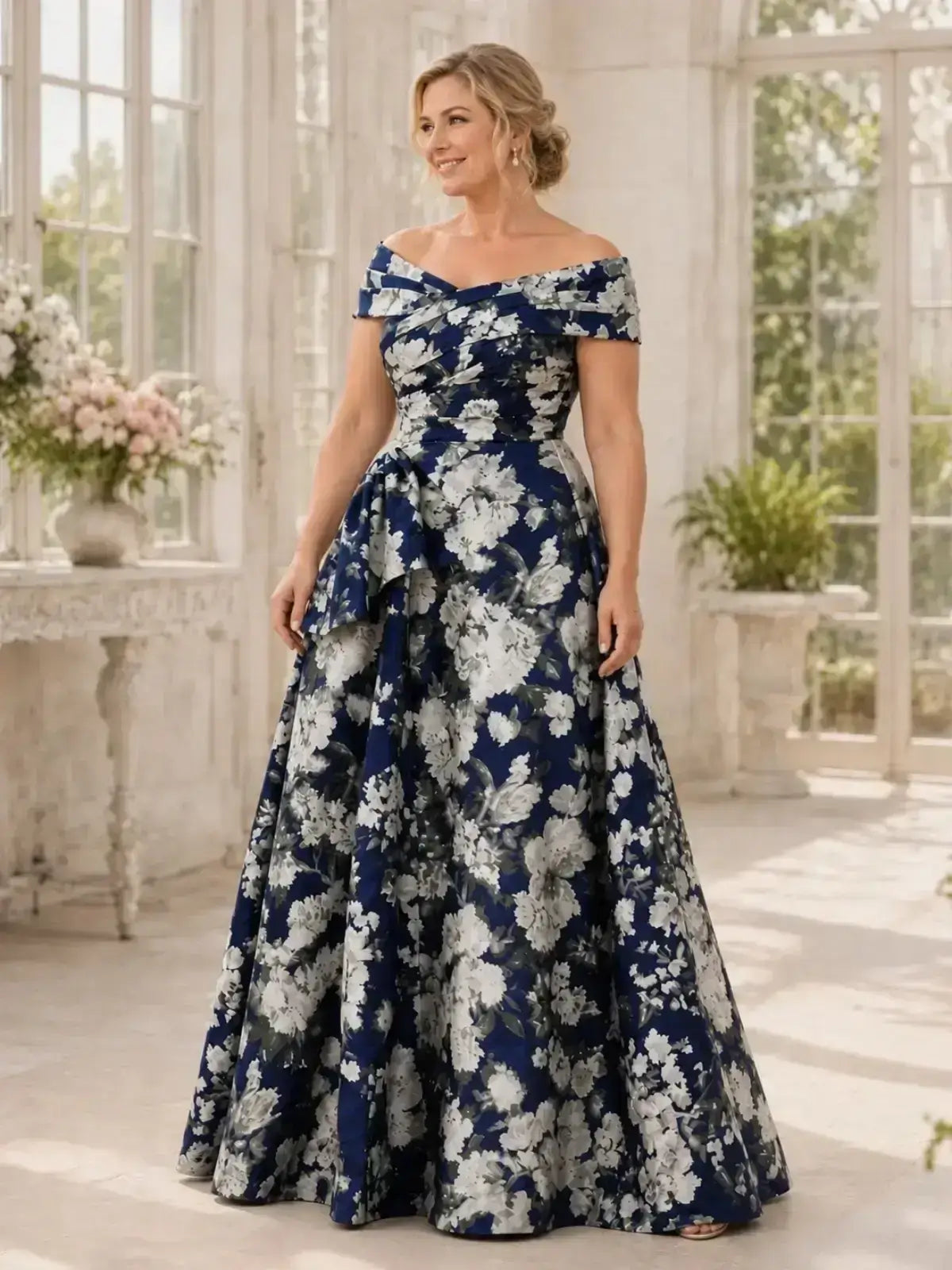 Off-the-Shoulder Mother of the Bride Dress with Printed Detail
