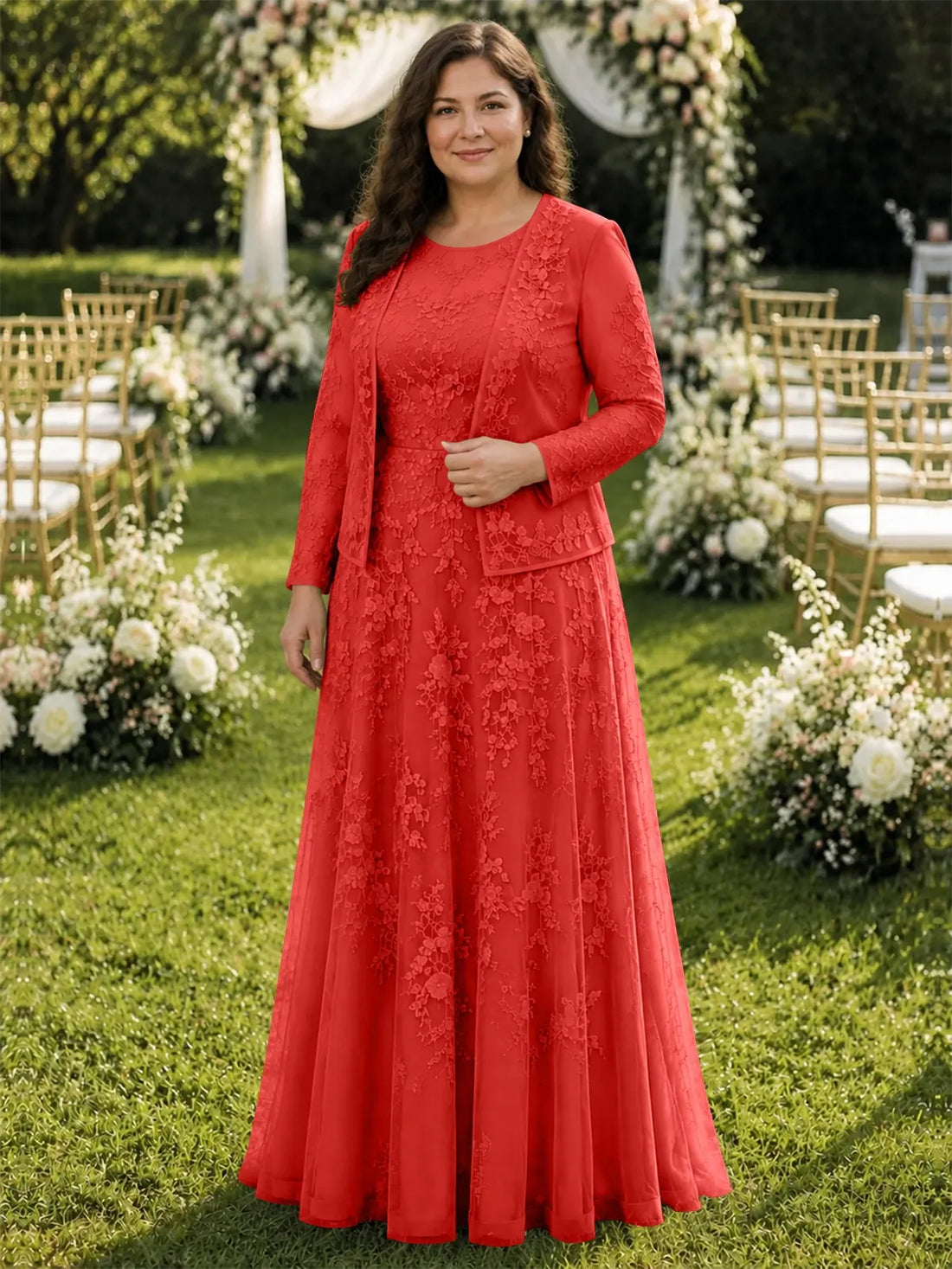 Two-Piece Lace Mother of the Bride Dress with Long Sleeves-Plus Size 