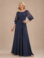 Chiffon Mother of the Bride Dress with Lace Applique Puff Sleeves 