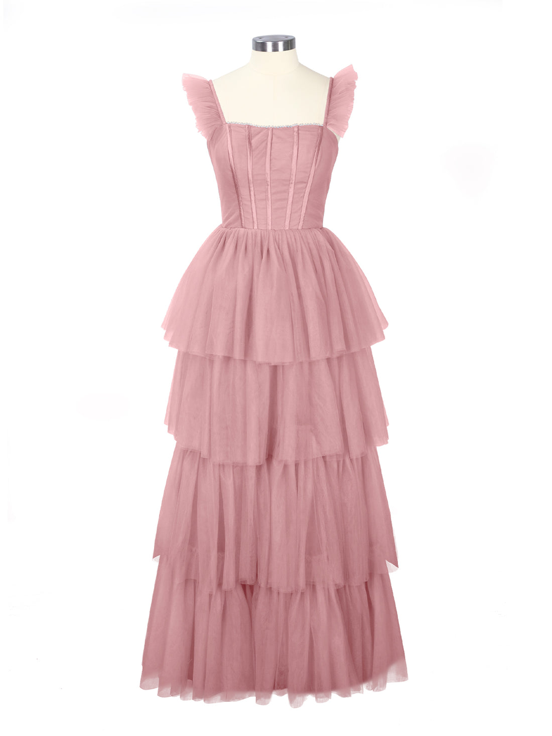 Ruffled Strap Tiered Tulle Bridesmaid Dress 