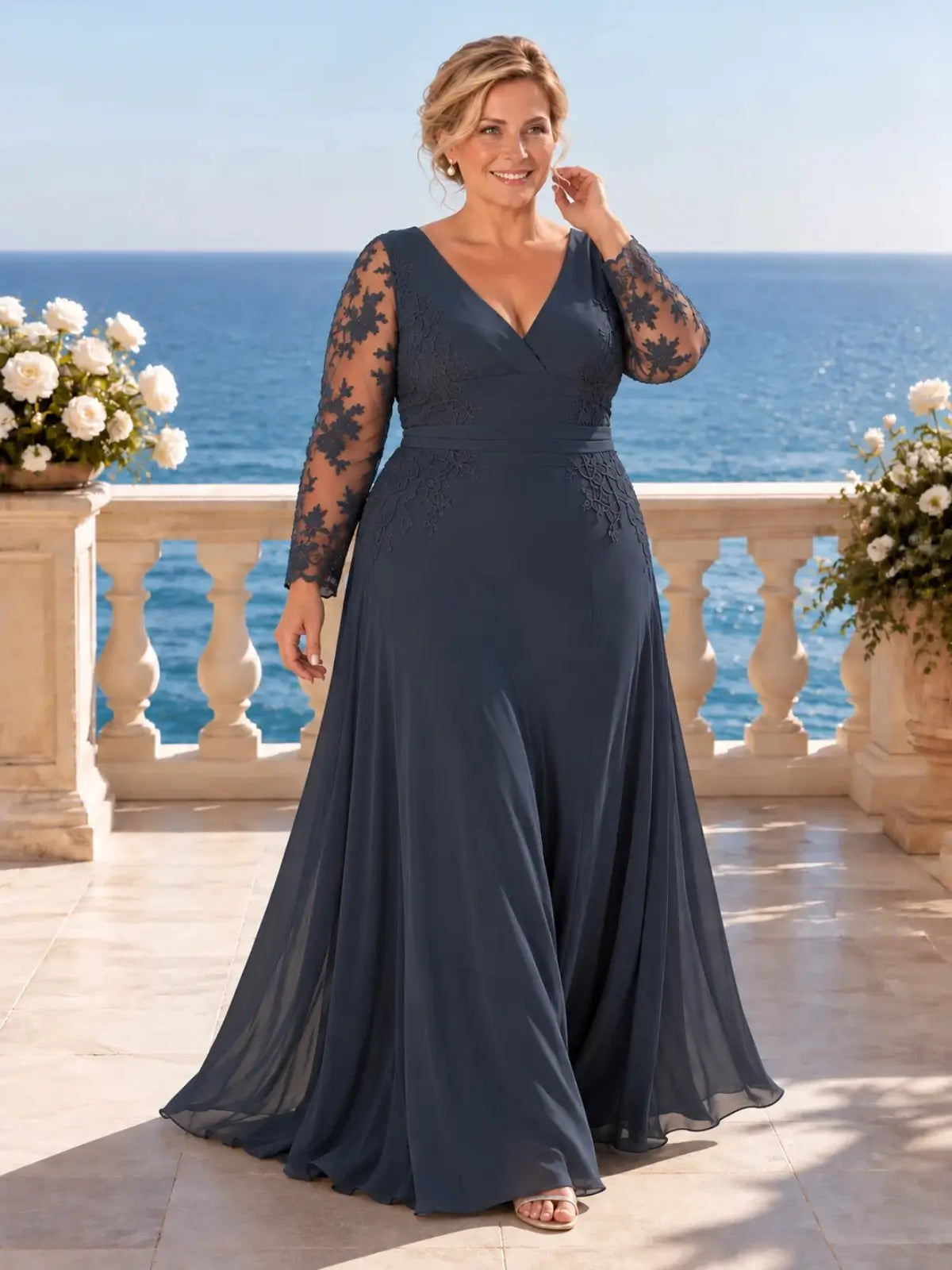 Navy Blue Lace Long Sleeves MOB Dress