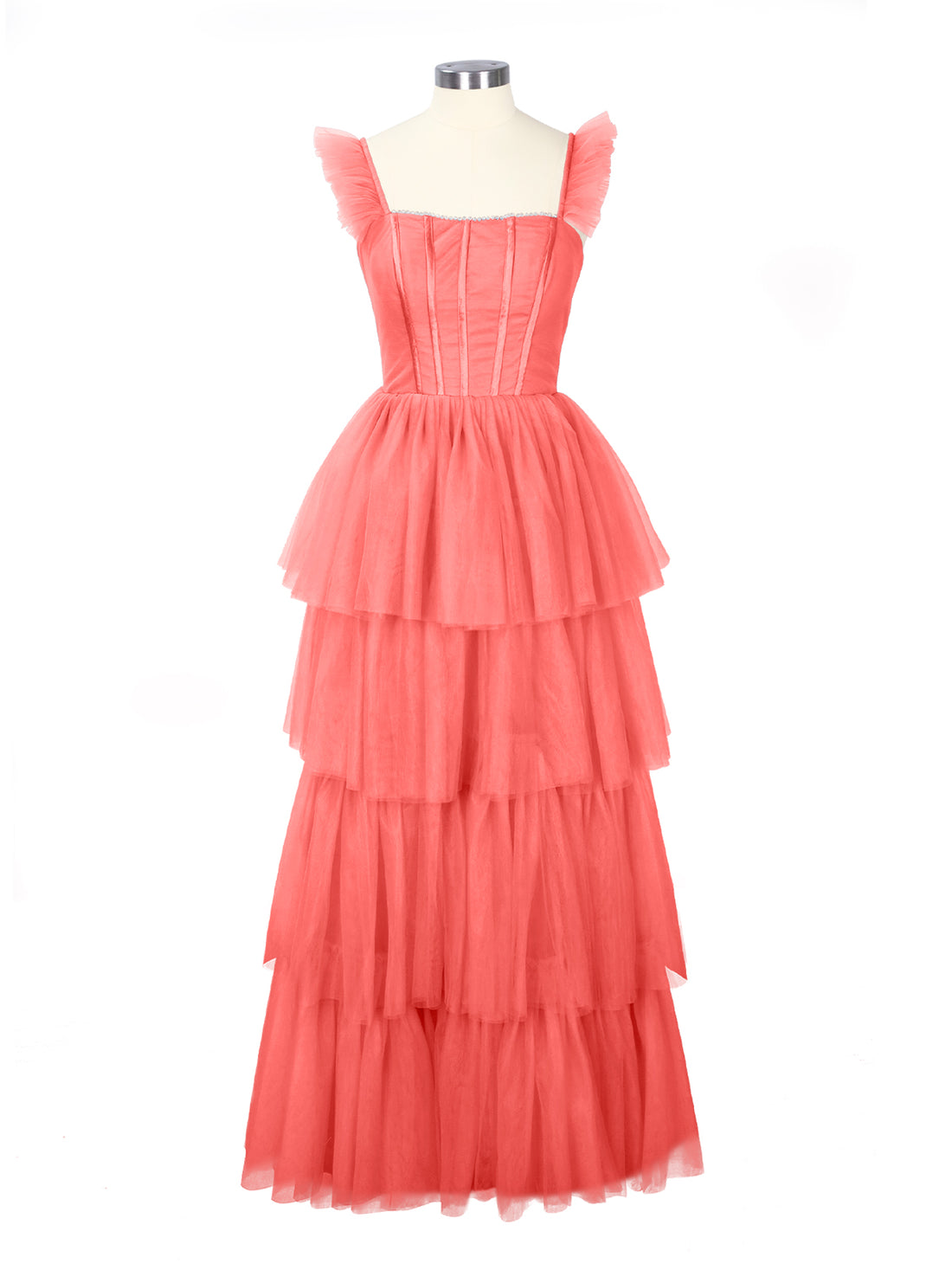 Ruffled Strap Tiered Tulle Bridesmaid Dress 