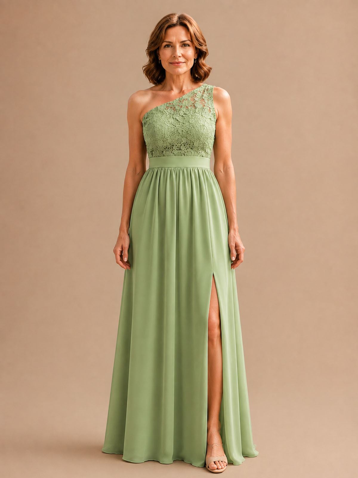 One-shoulder lace mother of the groom dress with slit 