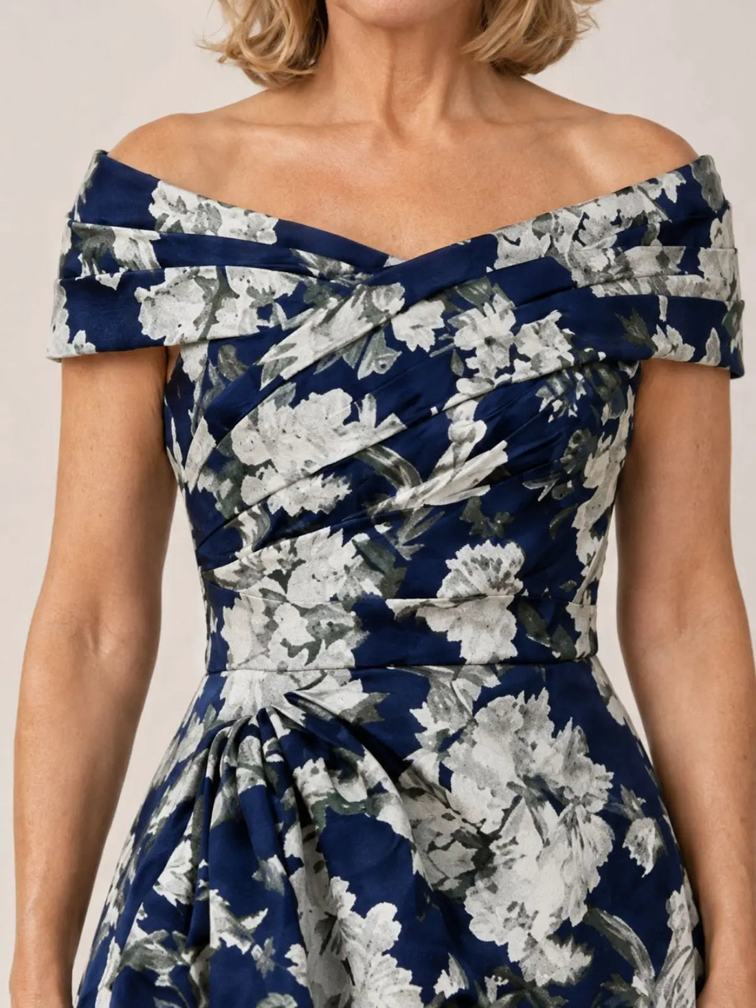 Off-the-Shoulder Mother of the Bride Dress with Printed Detail