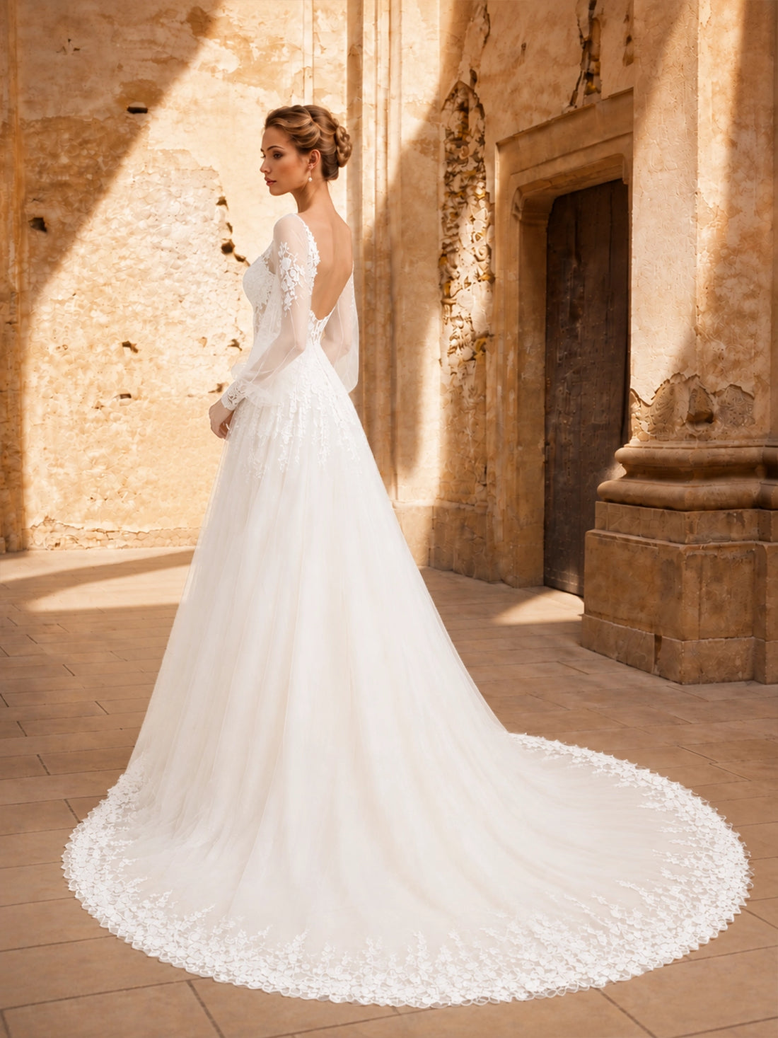 Tulle Wedding Dress with Lace-Trimmed Train