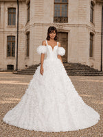 3D Floral Wedding Dress with Off-the-Shoulder Sleeves 