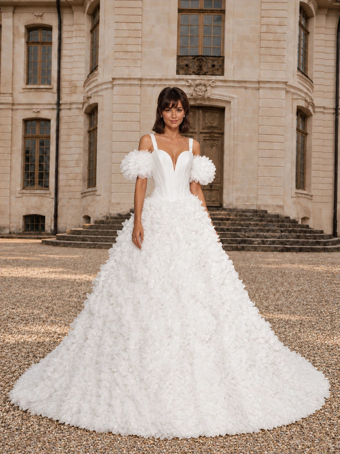 3D Floral Wedding Dress with Off-the-Shoulder Sleeves 