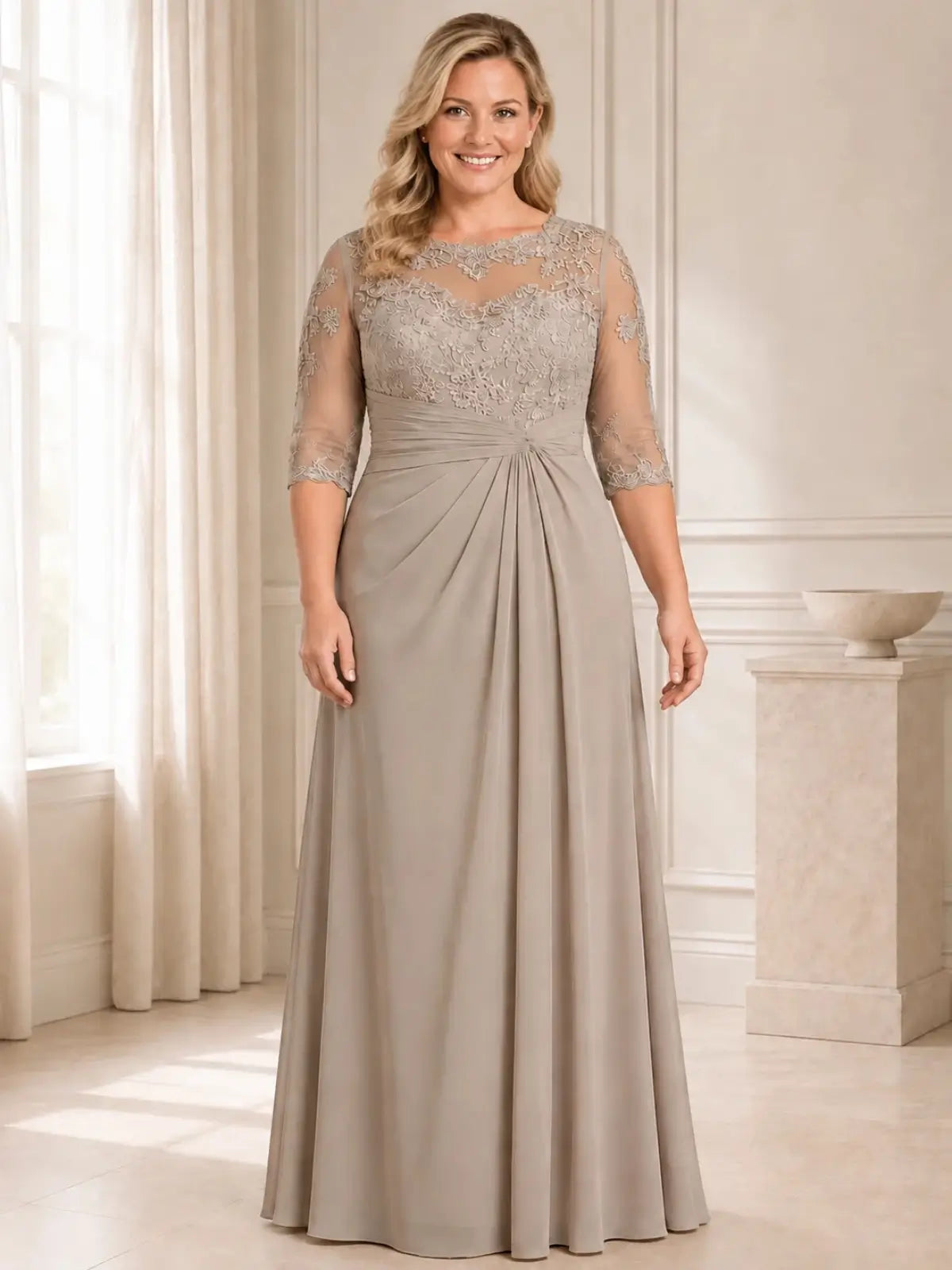 Lace Mother of the Bride Dress with 3/4 Sleeves