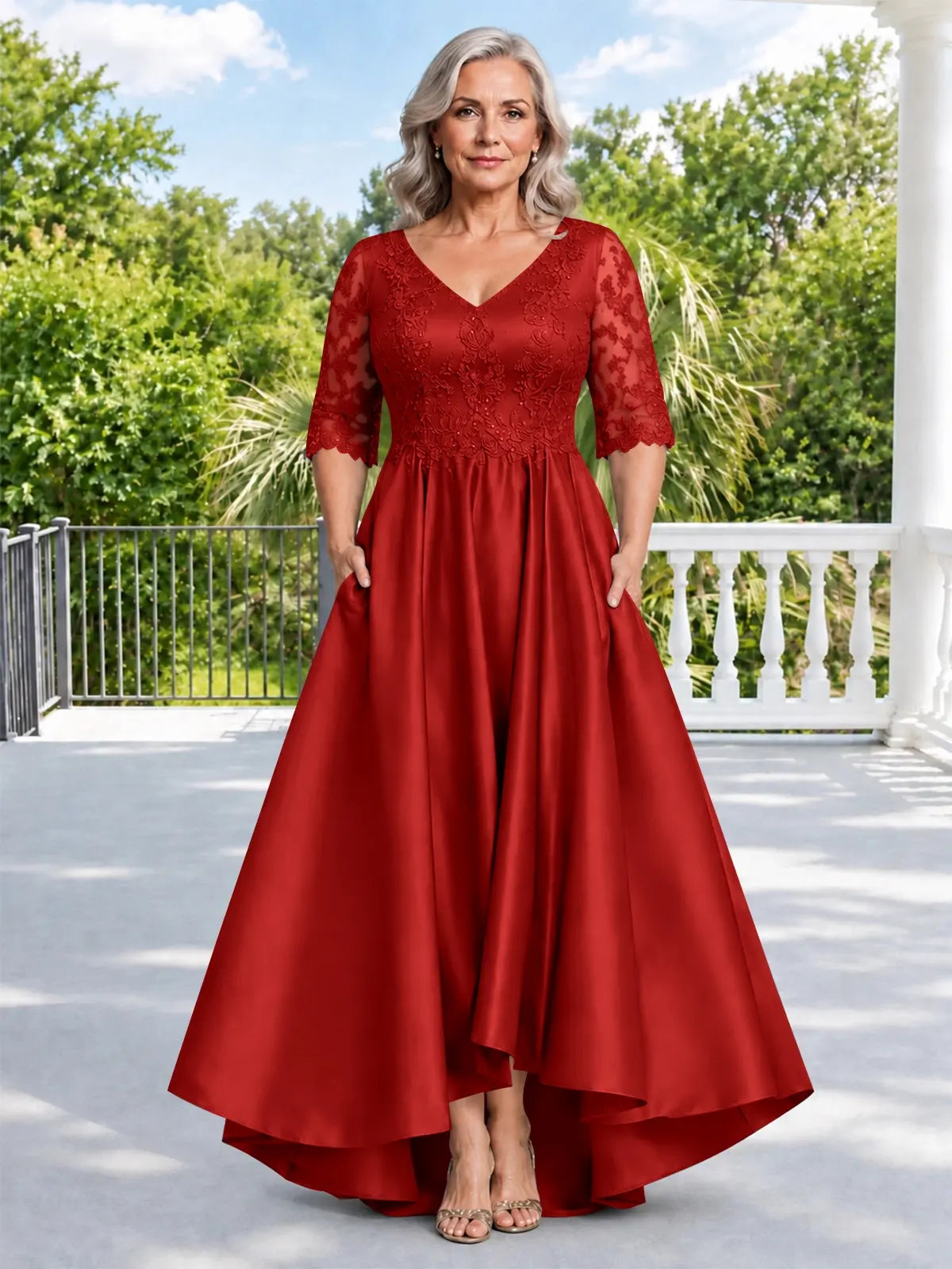 Satin Mother of the Bride Dress with Lace Sleeves-Plus Size 