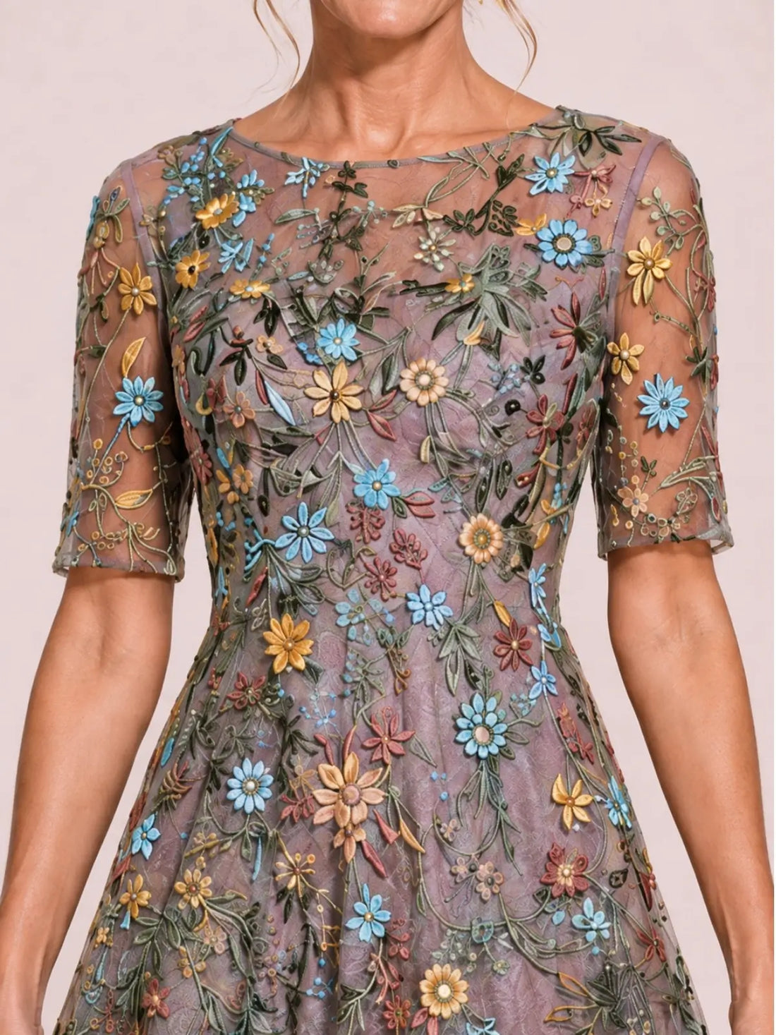 Boat Neck Mother of the Bride Dress with Half Sleeves