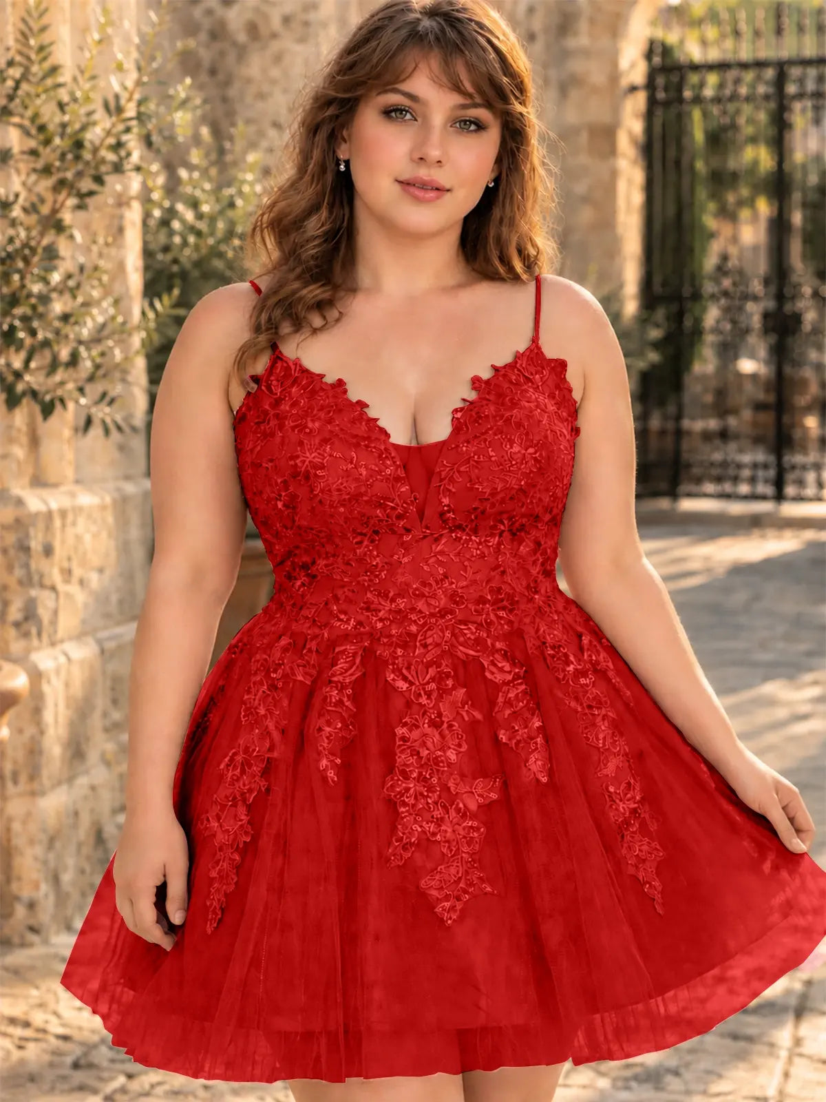 Applique Soft Tulle Mini Dress-Plus Size 