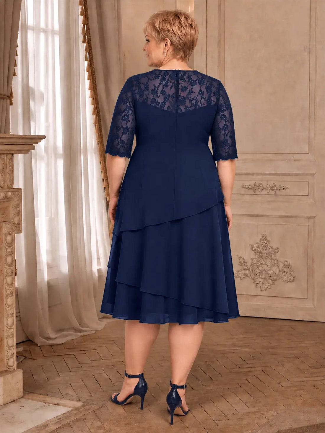 A-line Mother of the Bride Dress with Lace Sleeves-Plus Size