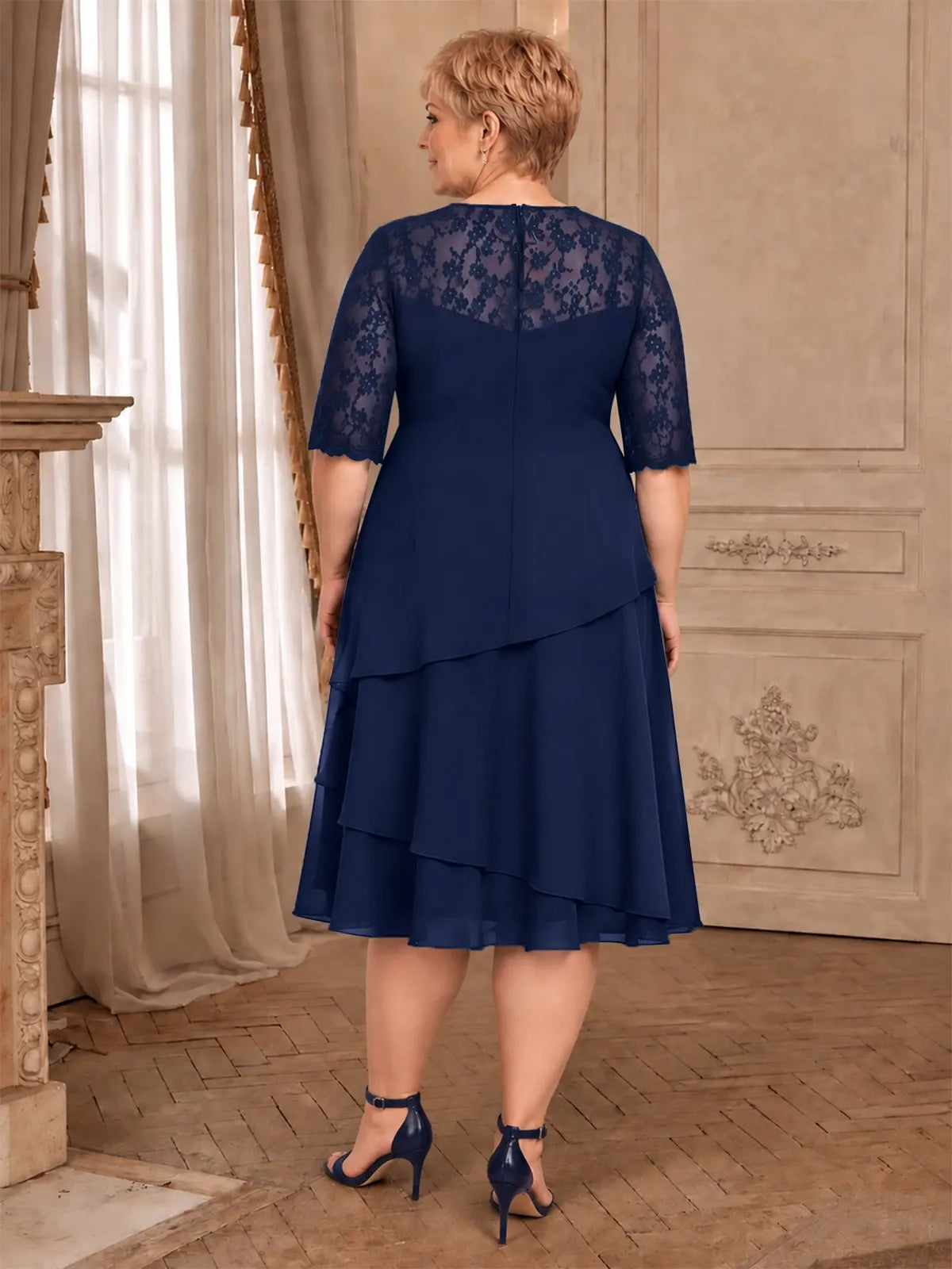 A-line Mother of the Bride Dress with Lace Sleeves-Plus Size
