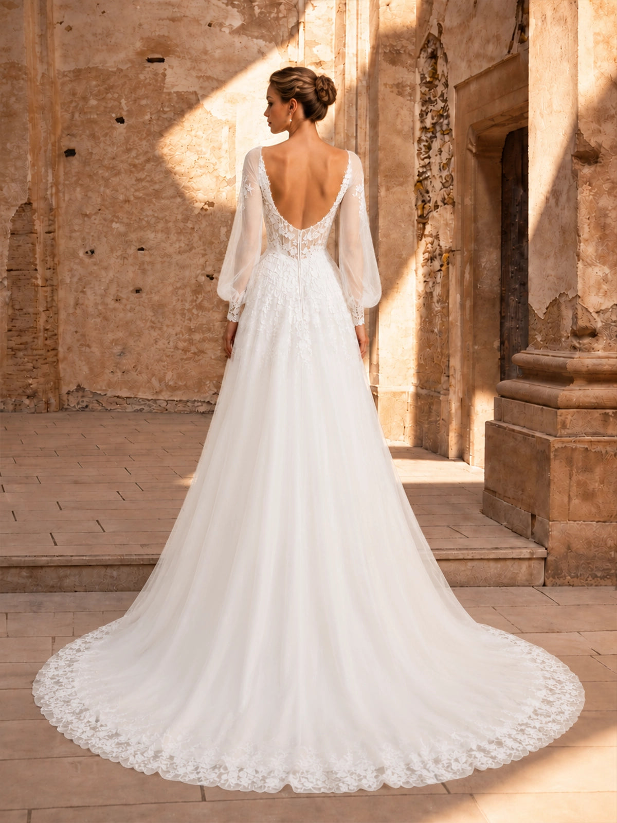 Tulle Wedding Dress with Lace-Trimmed Train