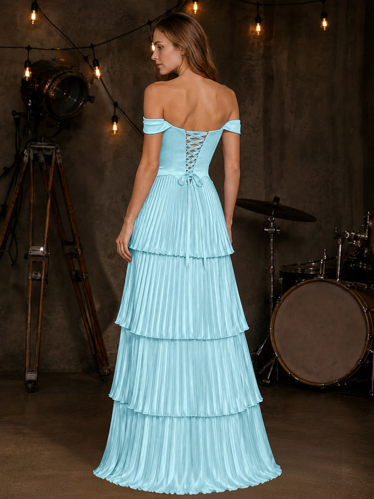 Silk-Like Prom Dress with Tiered Pleated Skirt