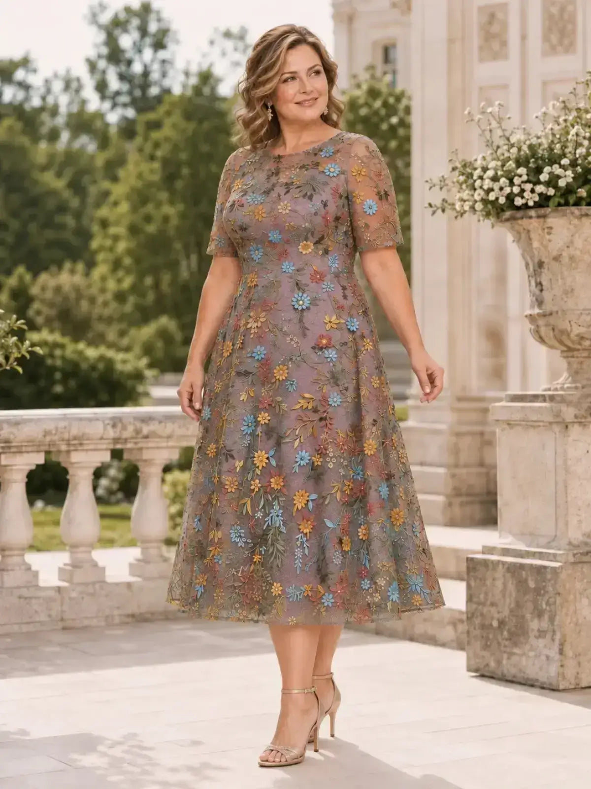 Boat Neck Mother of the Bride Dress with Half Sleeves