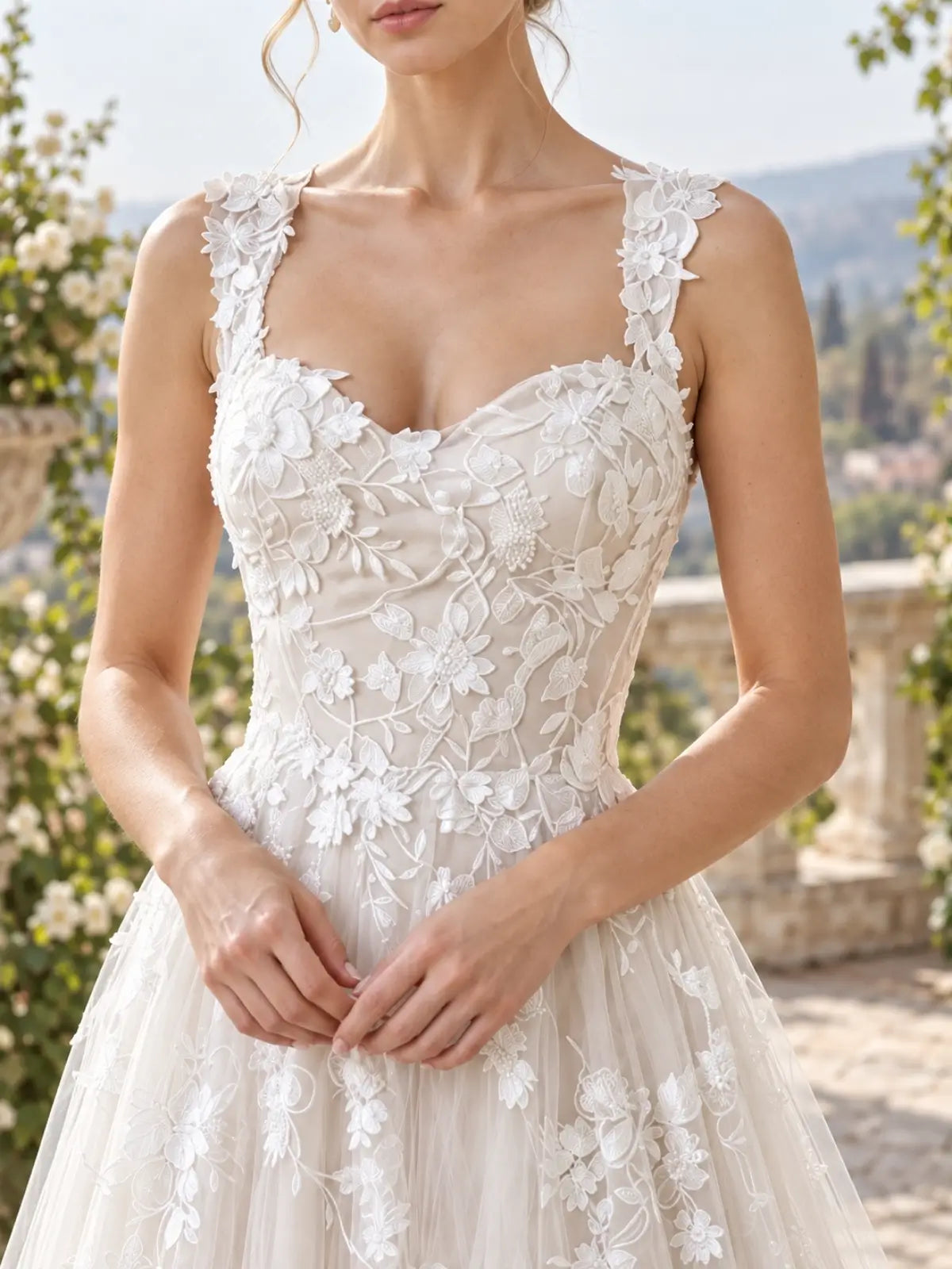 Wide Strap Wedding Dress with Cathedral Train Design