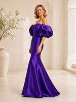 Satin Mother of the Bride Dress with Detachable Puff Sleeves