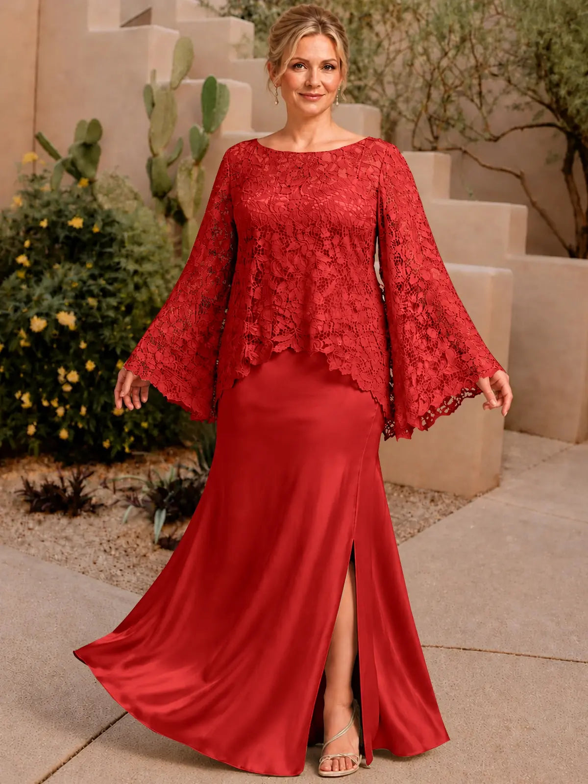 Two-piece Mother of the Bride Dress with Lace Top-Plus Size 
