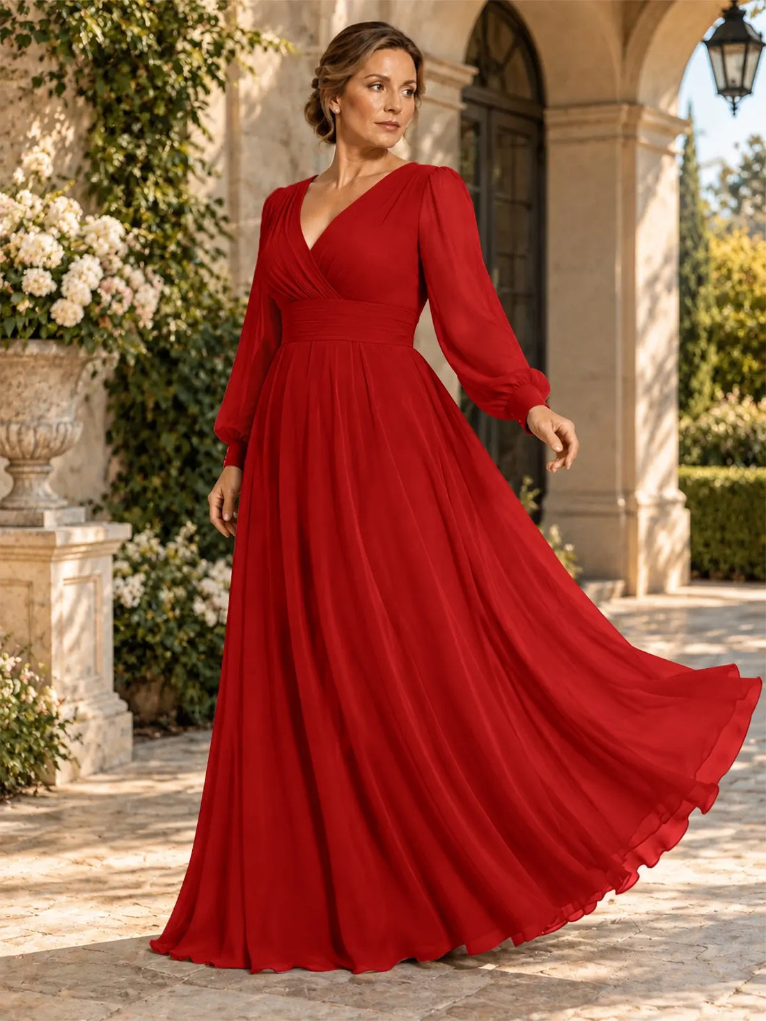 Chiffon Mother of the Bride Dress with Long Sleeves-Plus Size 