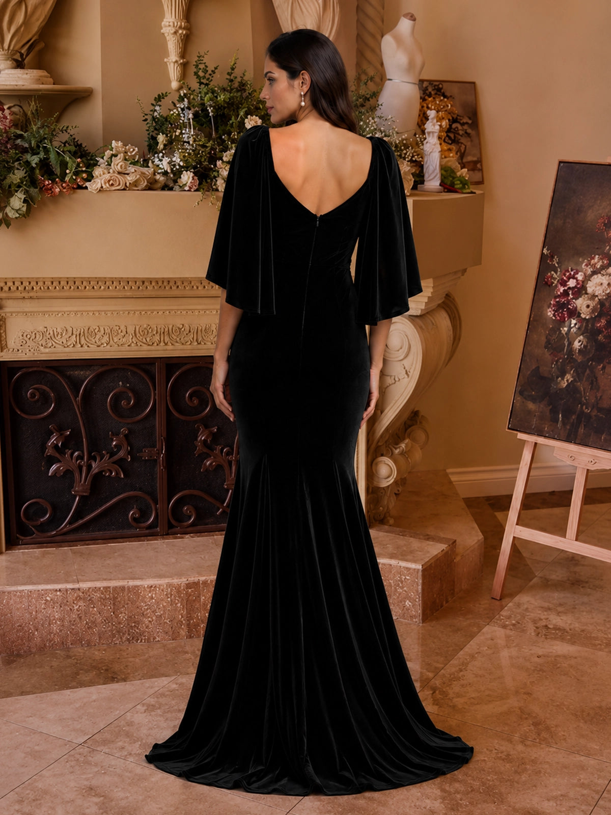Mermaid Velvet Prom Dress with Cape Sleeves