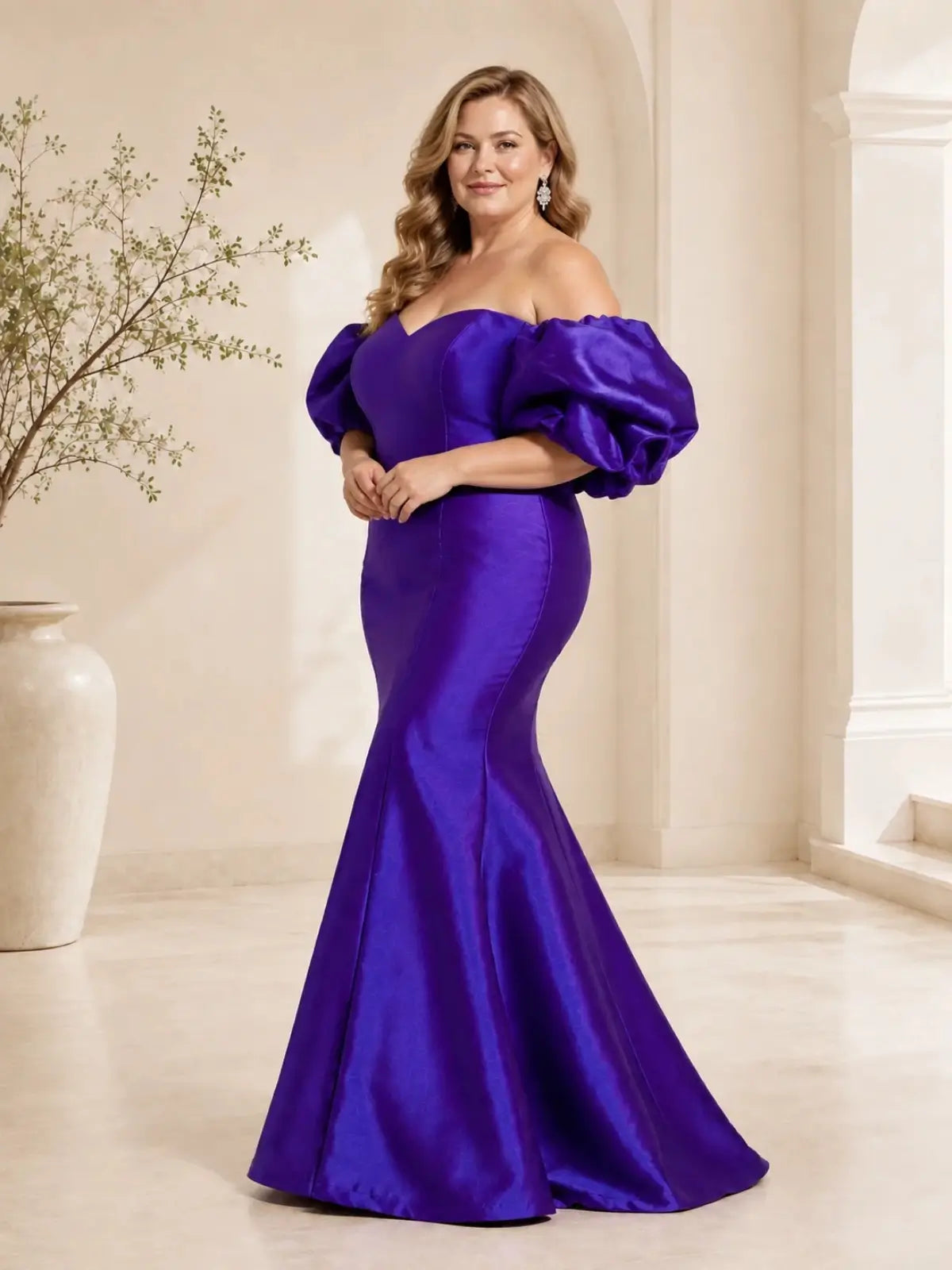 Satin Mother of the Bride Dress with Detachable Puff Sleeves