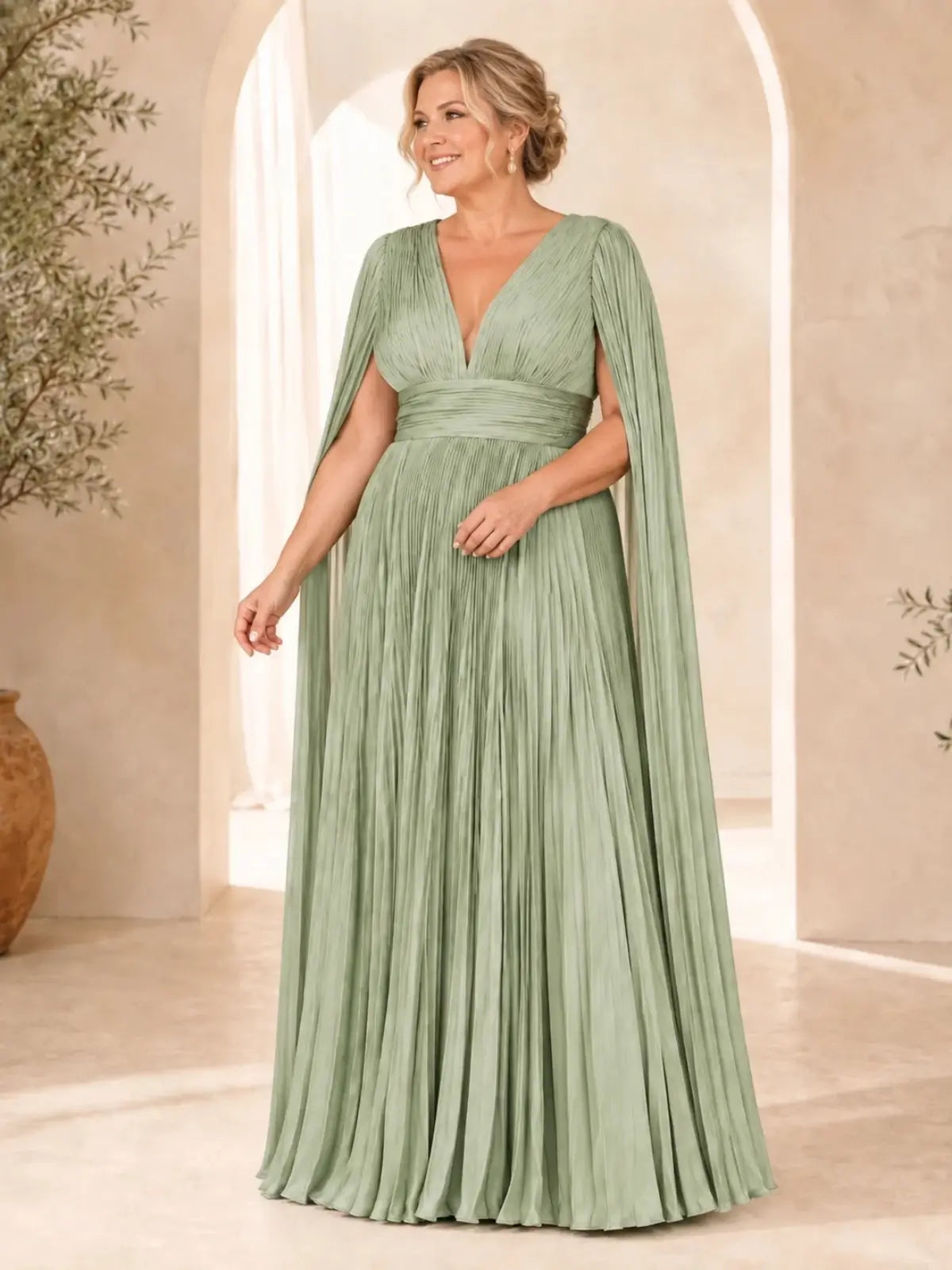 Chiffon Mother of the Bride Dress with Cape Sleeves