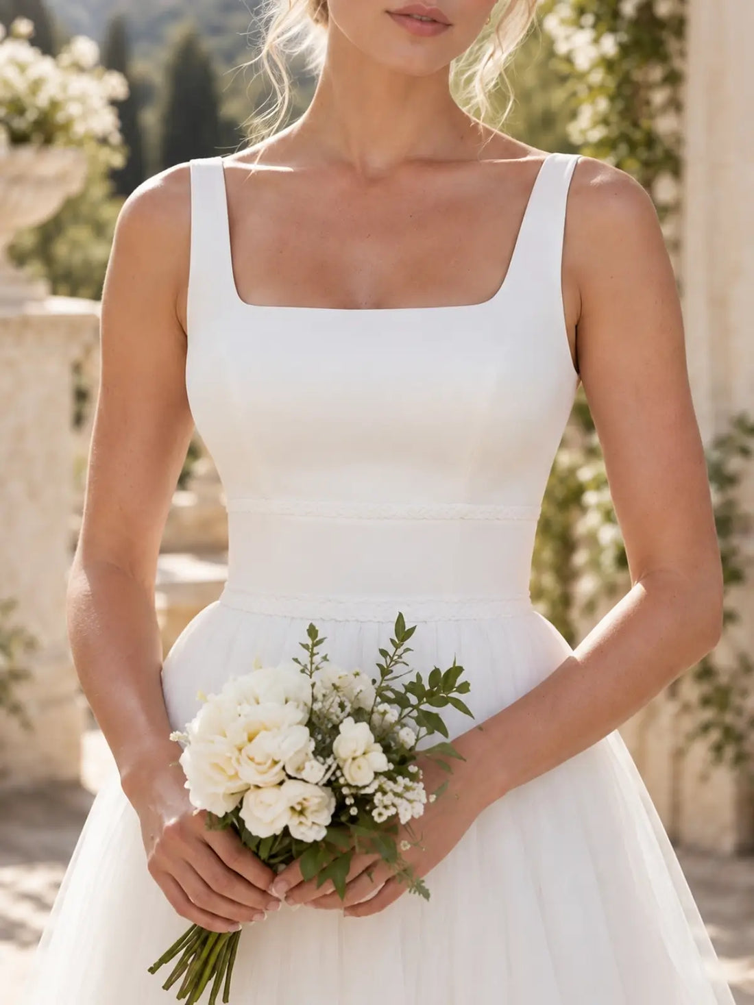 Square Neck Wedding Dress with Open Back Design