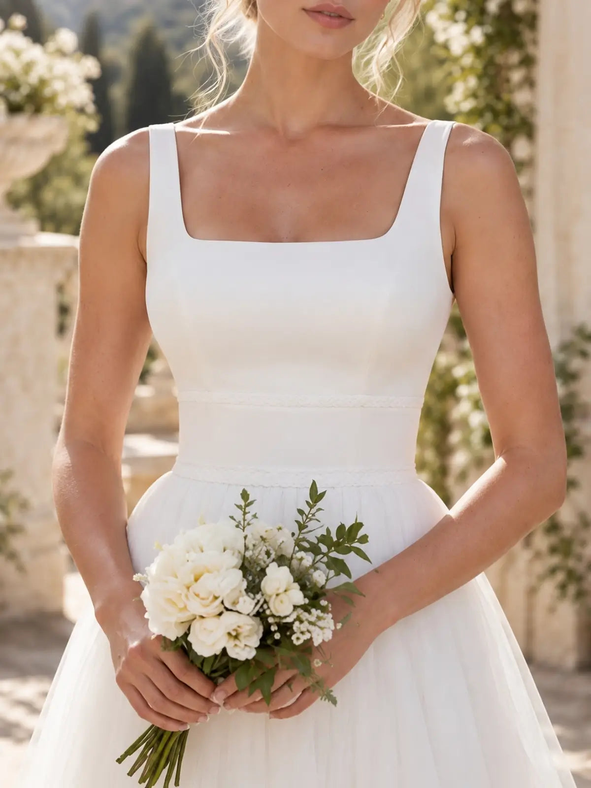 Square Neck Wedding Dress with Open Back Design
